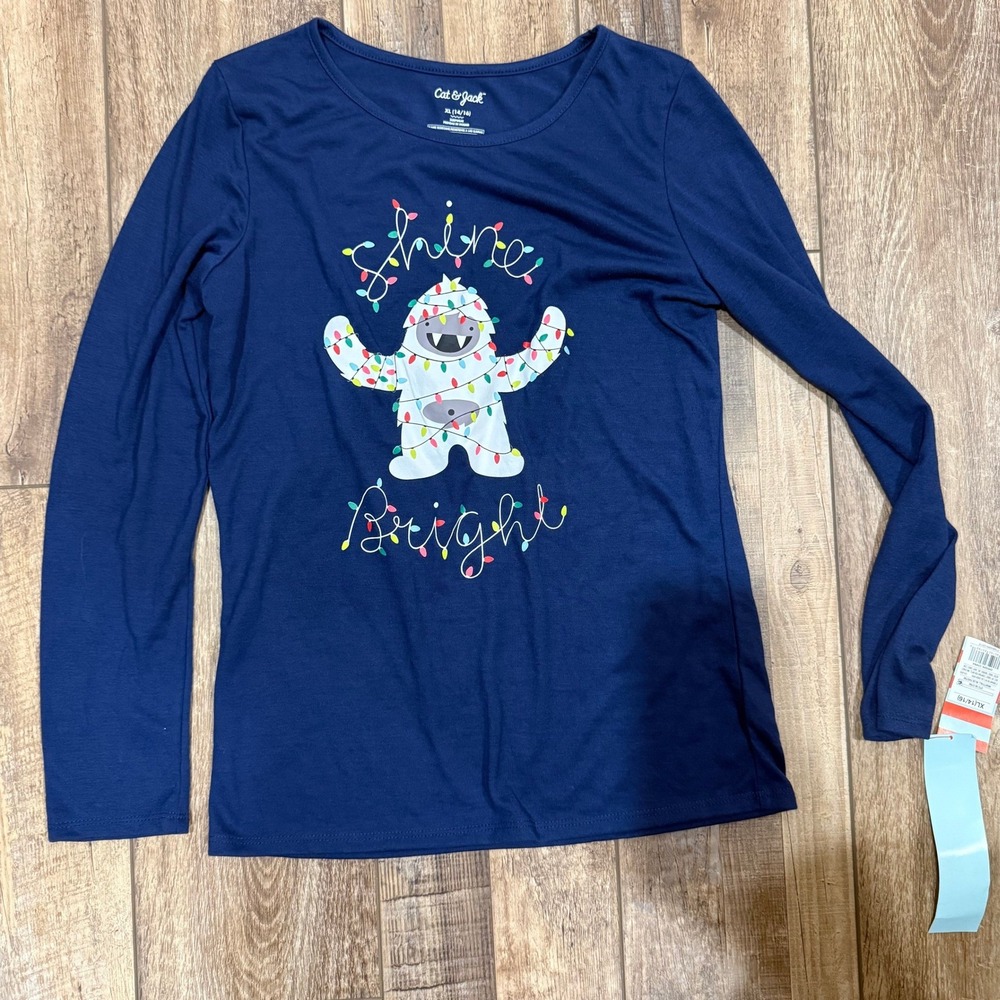 Cat & Jack Kids XL 14/16 Shine Bright Yeti Christmas Pajama Top Nightfall Blue